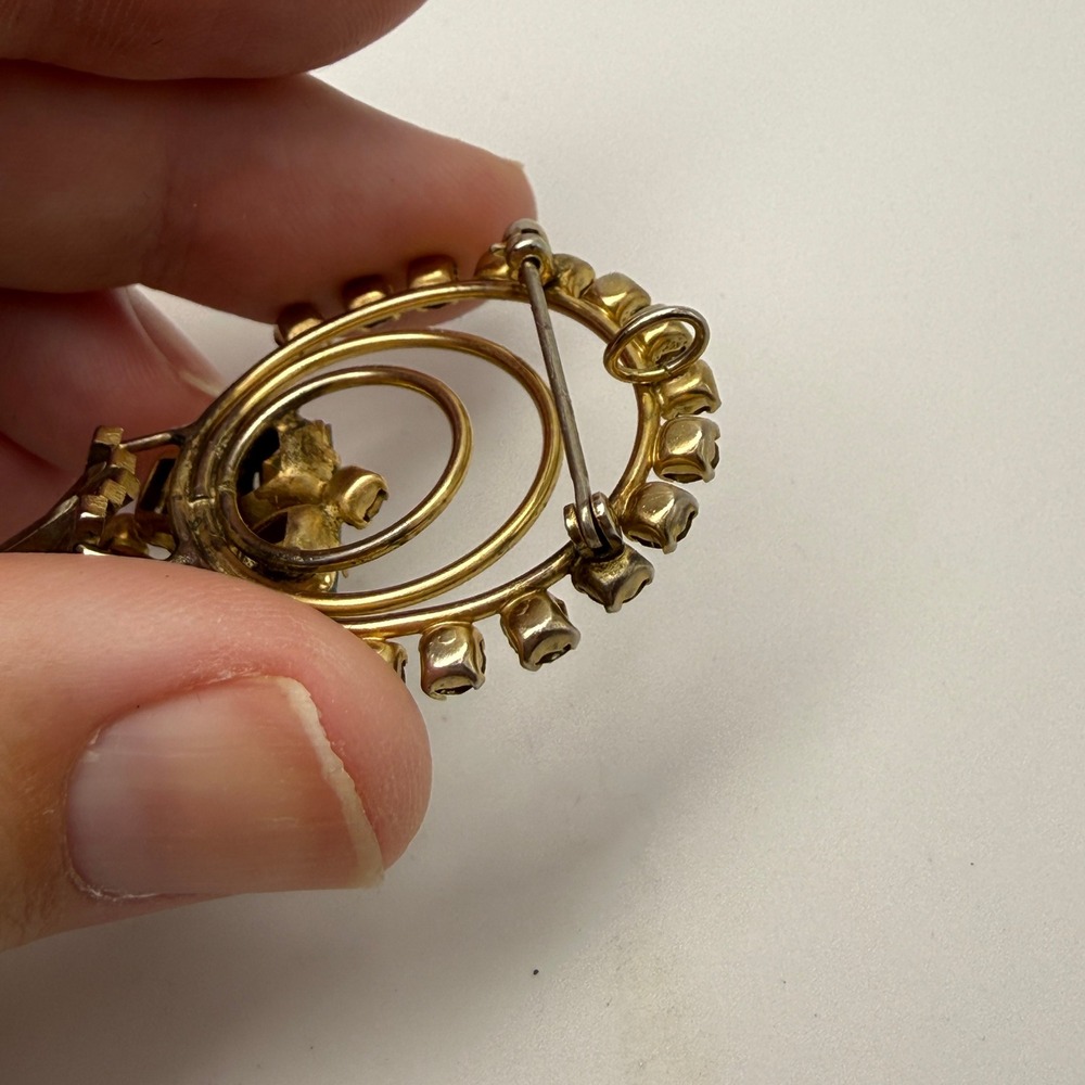Art Deco Brooch Pendant 40s 50s Women OS Gold Teal Rhinestone Good Vintage - Picture 7 of 11